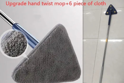 Blue extendable triangle cleaning mop with 360-degree rotating head and stainless steel pole