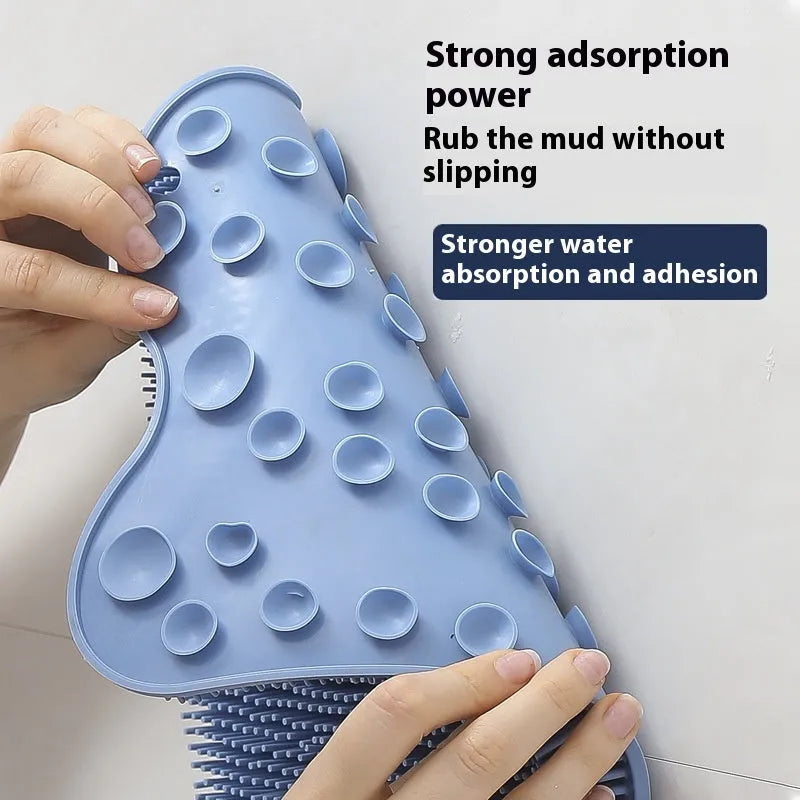 People rubbing gadget bath rub cushion silicone massage mat in blue, grey and pink colours