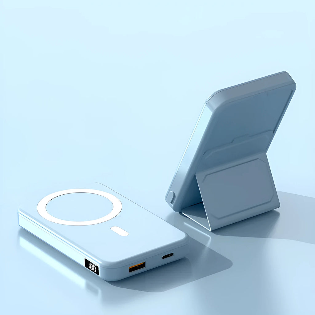 Magnetic suction wireless charging power bank with folding bracket, 10000mAh capacity, plastic case