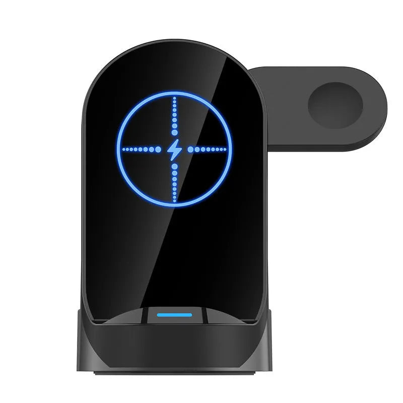 Black grey foldable 3-in-1 wireless charging vertical stand showing phone, watch and headphones charging simultaneously