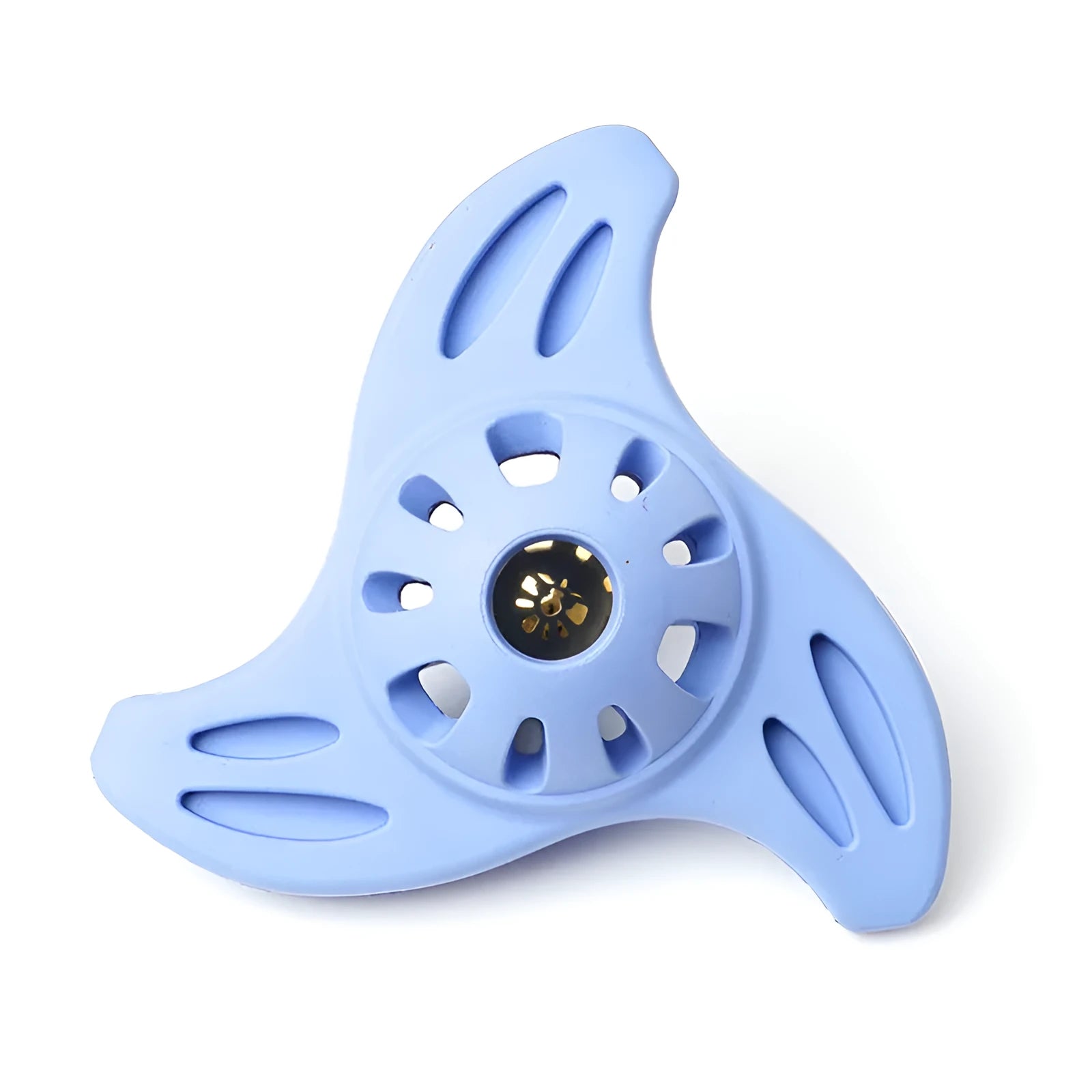 Blue bite-resistant boomerang dog chew toy with textured molar-cleaning edge for medium large breed dogs
