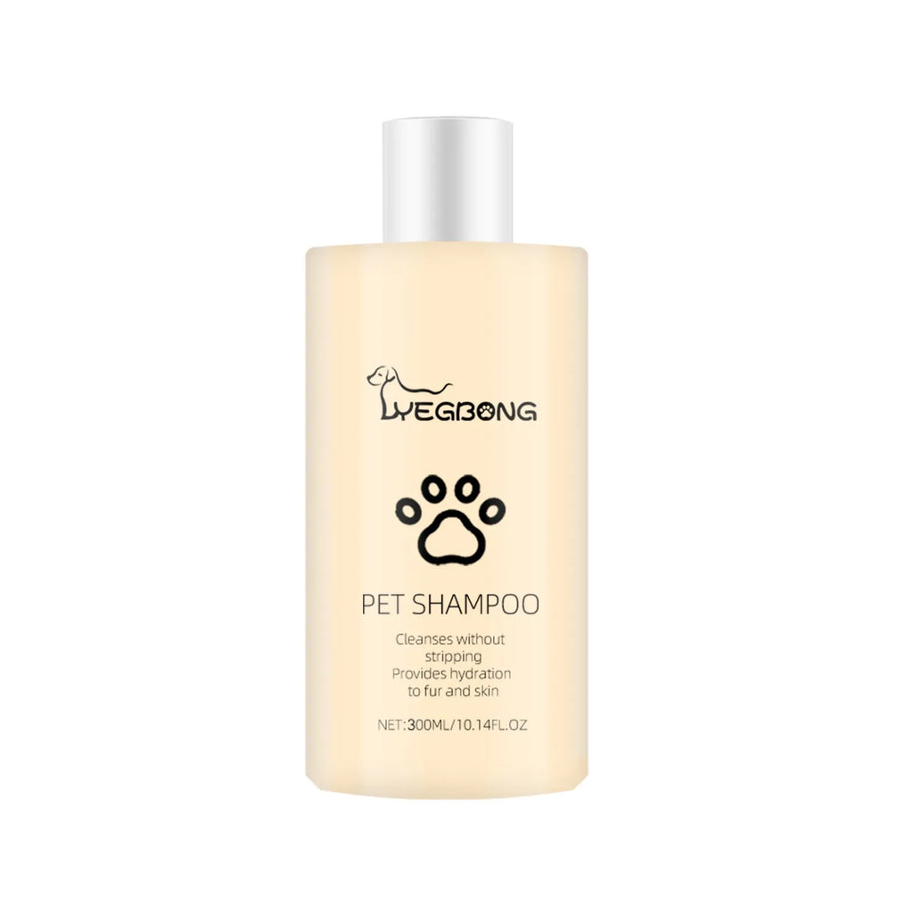Bottle of mild dog shampoo for soft, clean hair, shown in 100ml and 300ml sizes.