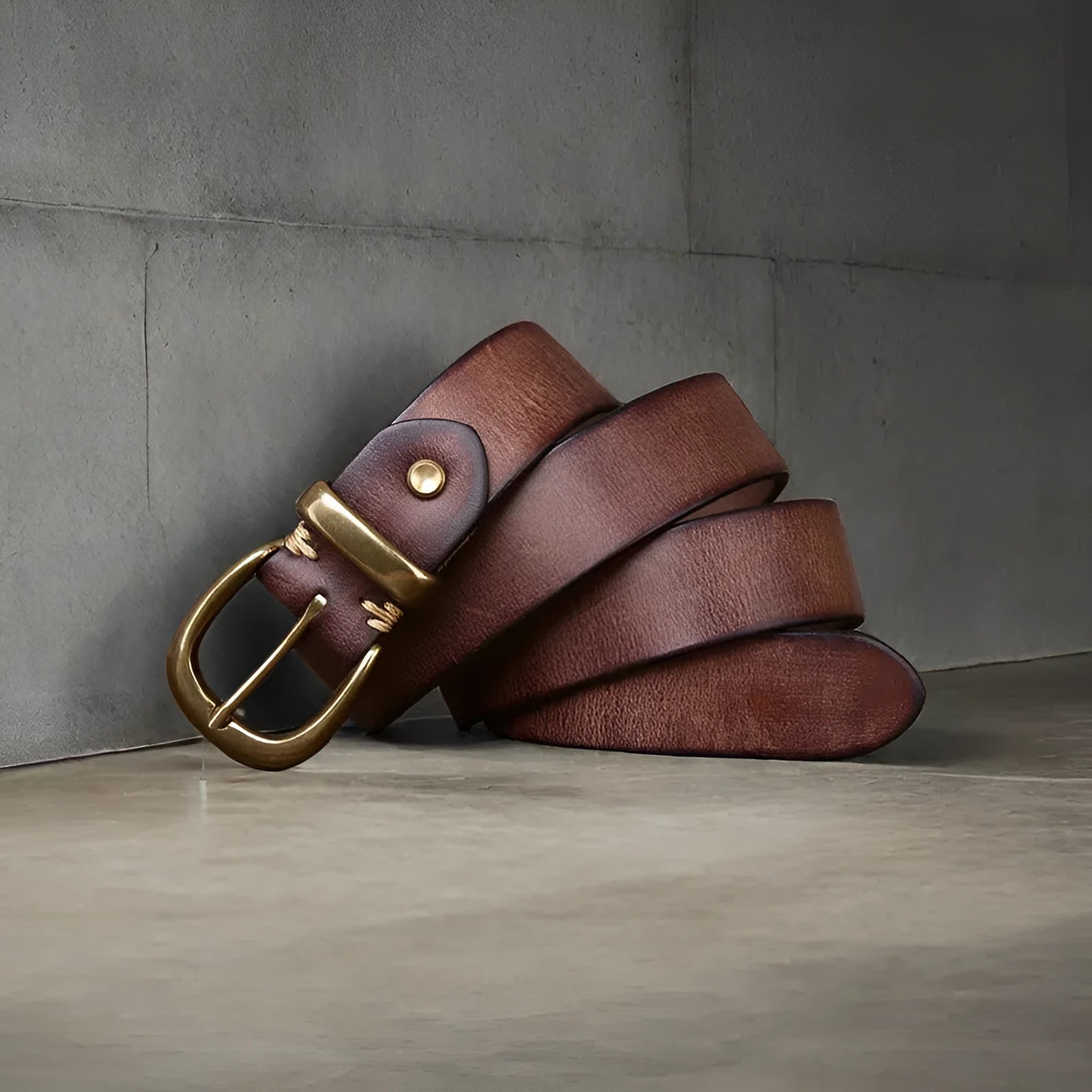 Men's casual cattlehide leather belt with copper pin buckle in black, brown, or khaki