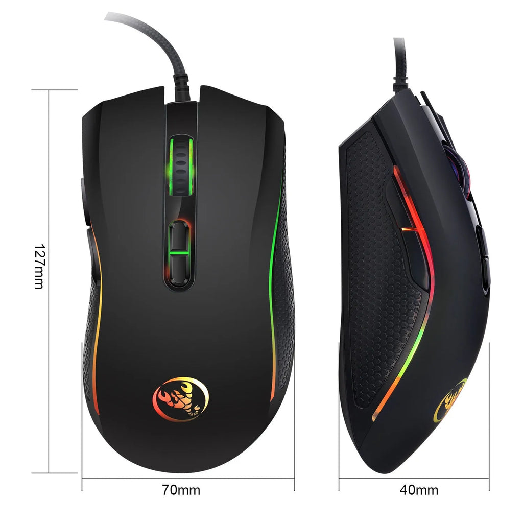 White and black wired USB gaming keyboard and mouse suit with colour backlighting on a desk.