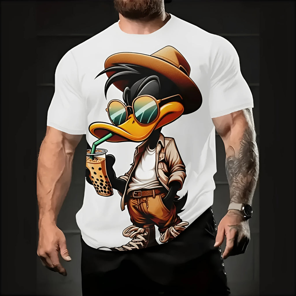 Men's loose fit grey t-shirt with a large colourful 3D cartoon character print on the front.
