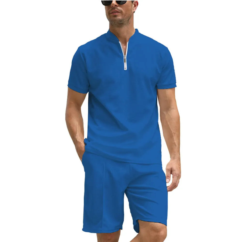 Men's solid colour polo shirt and trouser two-piece set in beaded bird's eye polyester fabric