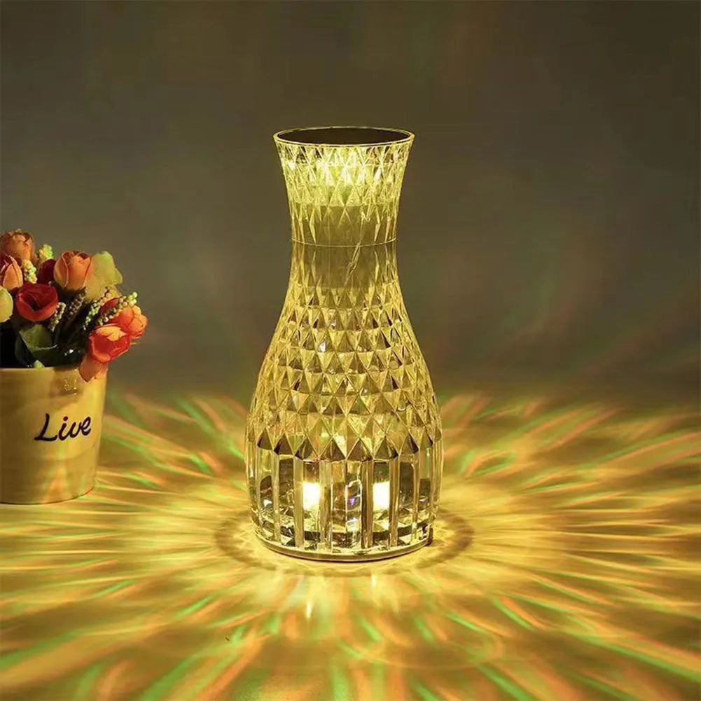 Vase shape crystal table lamp with diamond-like light effect on bedside table, touch dimmable USB rechargeable LED