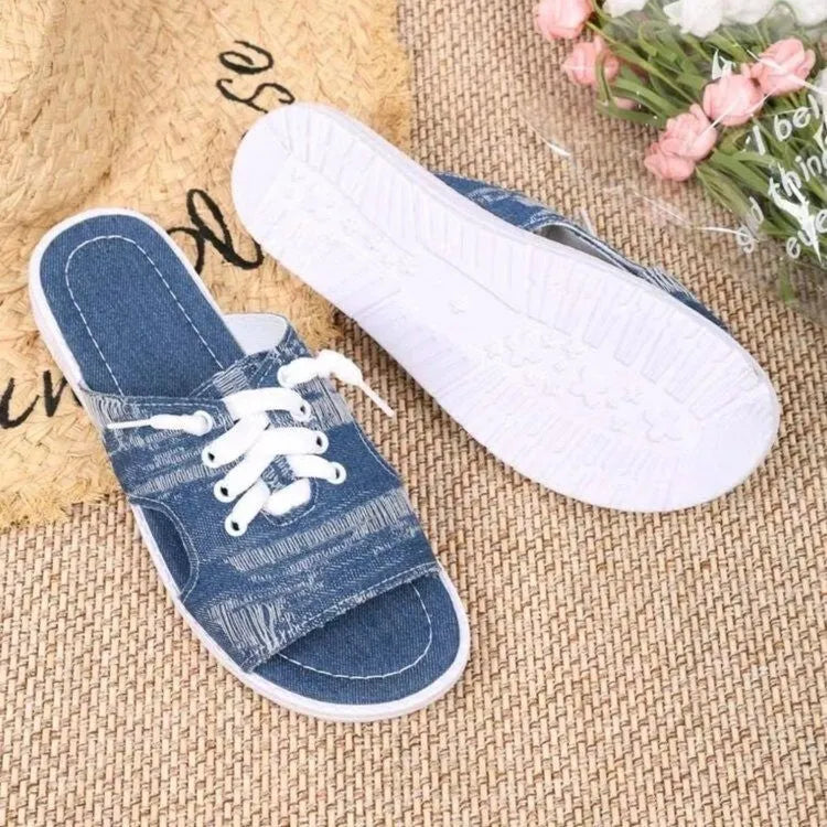 Blue Roman style women's flat canvas slippers with cloth lining and rubber sole