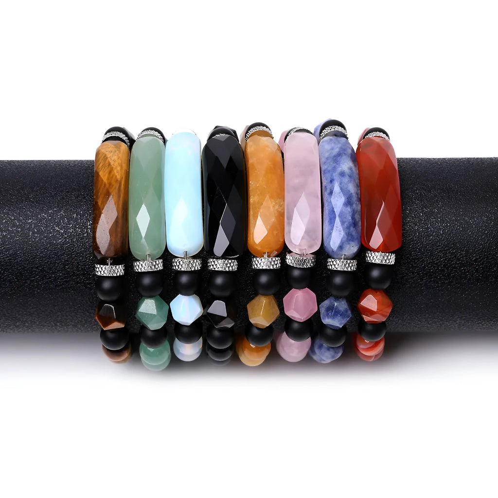 Handmade diamond-cut black agate bracelet for women and men on white background