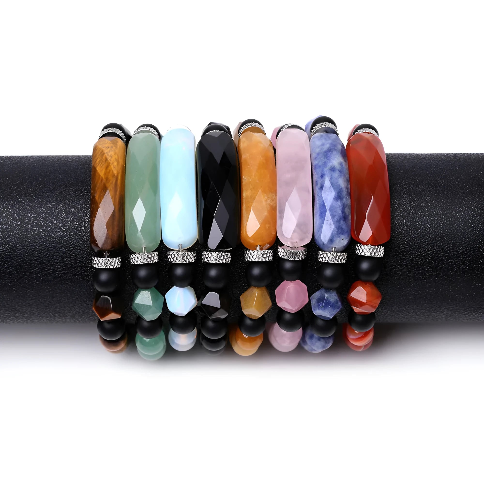 Handmade diamond-cut black agate bracelet for women and men on white background