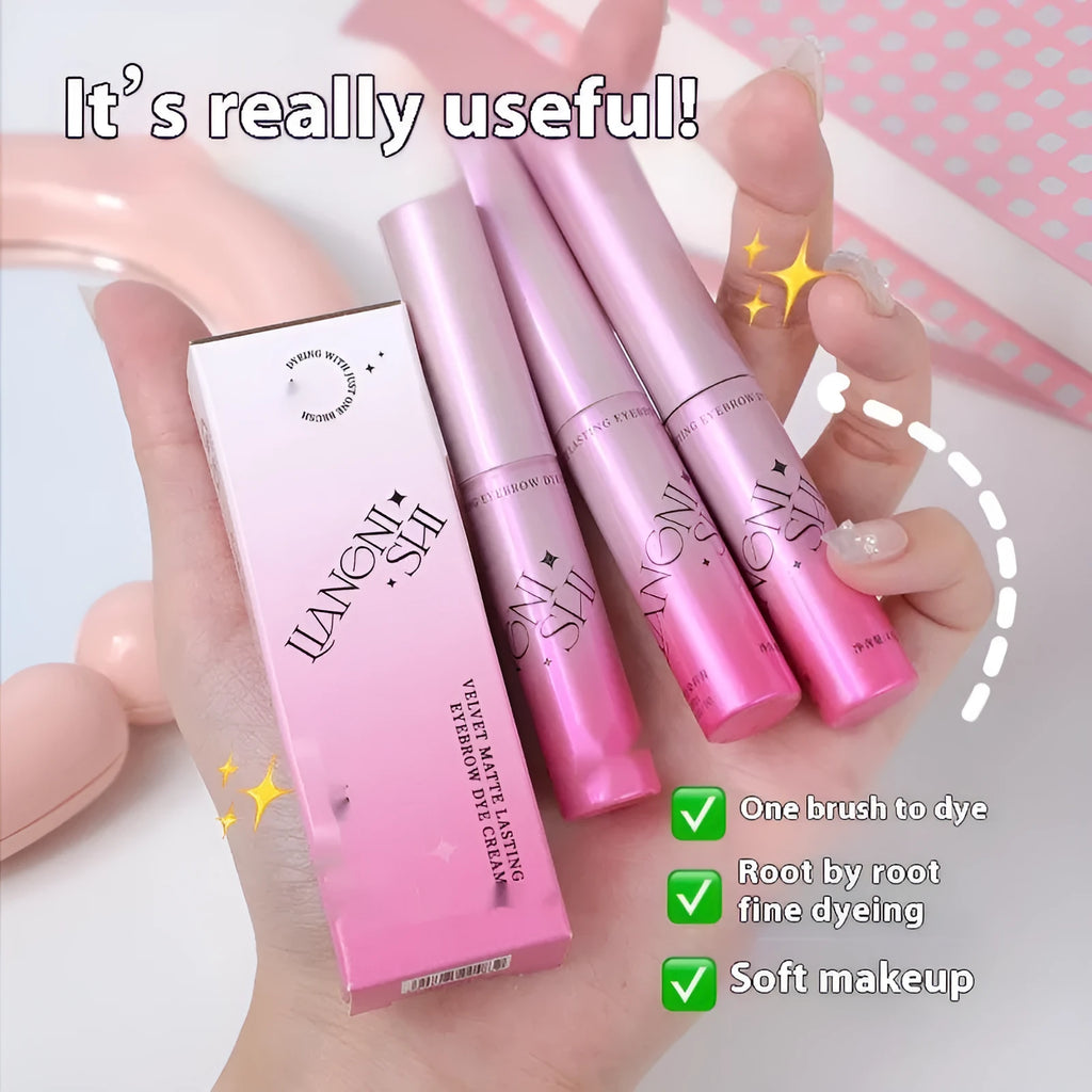 Velvet Fog eyebrow cream in packaging showing 4.5g net content and four colour shade options