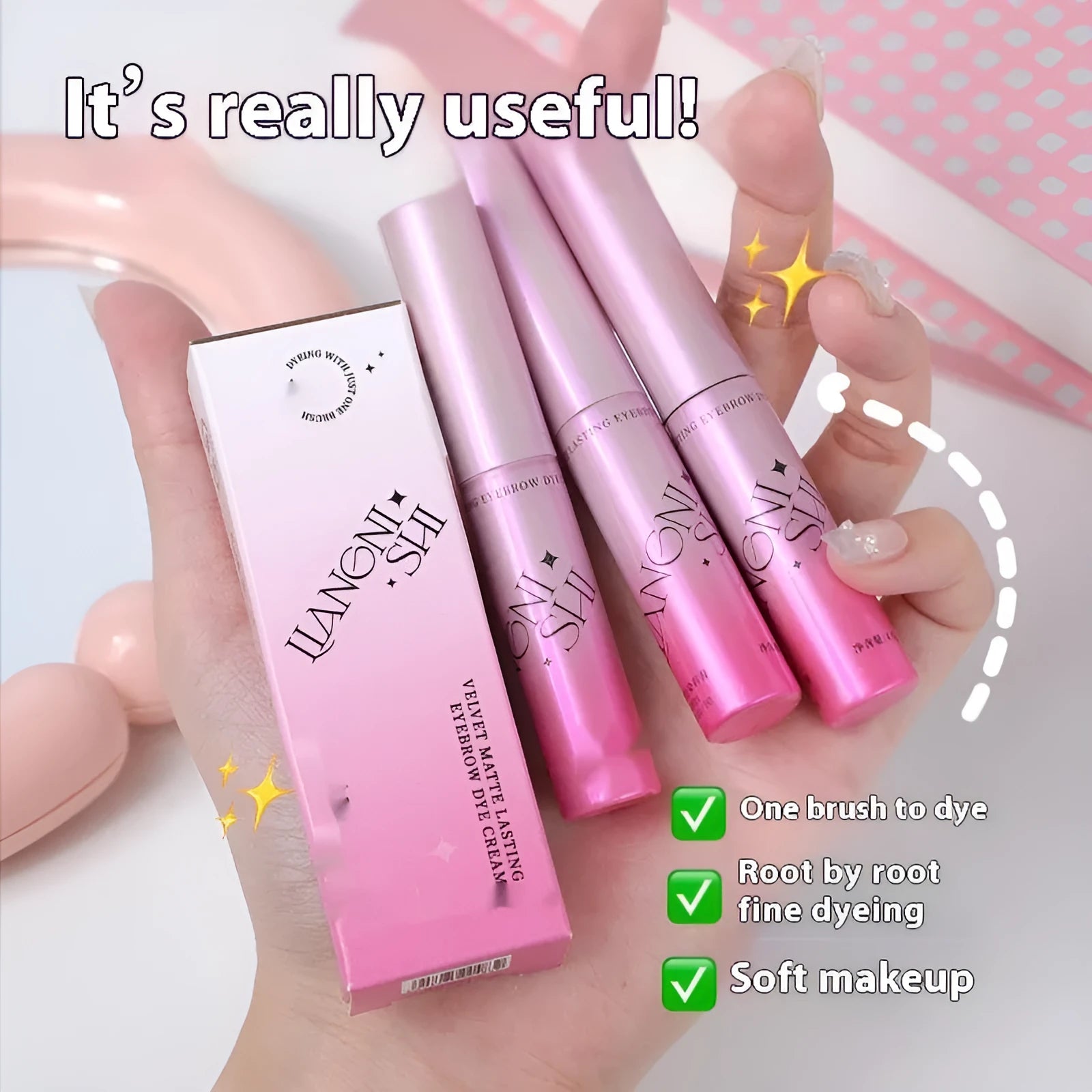 Velvet Fog eyebrow cream in packaging showing 4.5g net content and four colour shade options