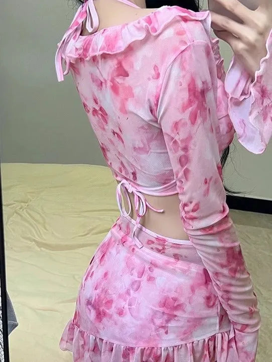 Women's floral bikini swimsuit set in cherry blossom powder colour showing front and back styling