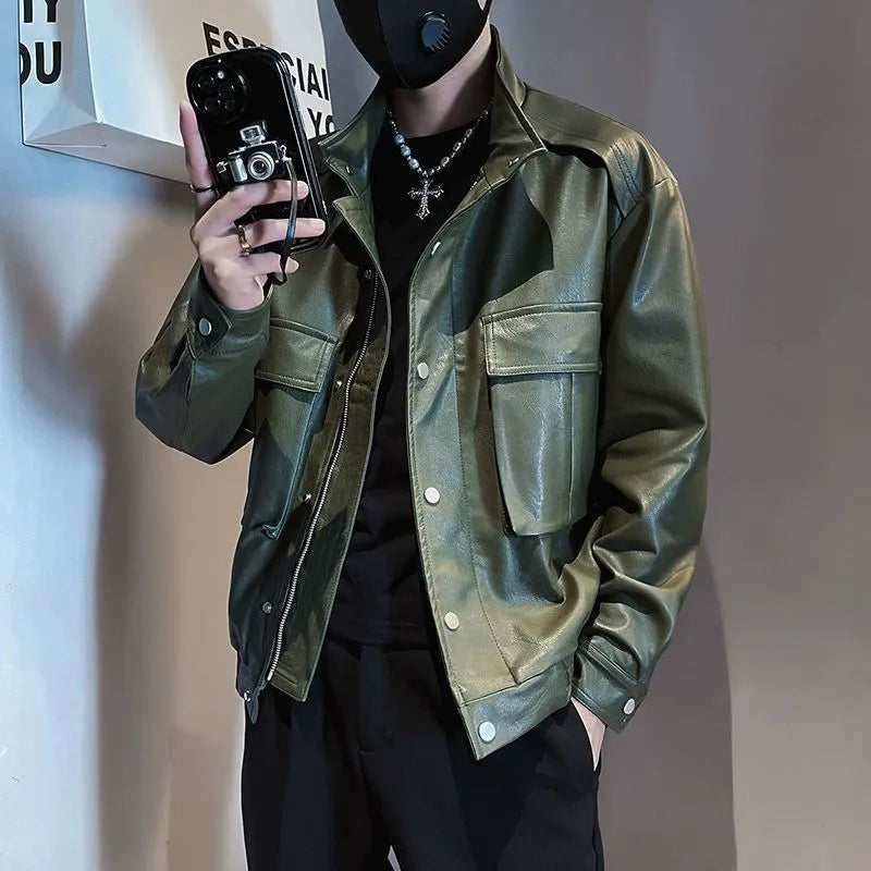 Korean style men's black pilot leather jacket with straight hem design for spring and autumn wear