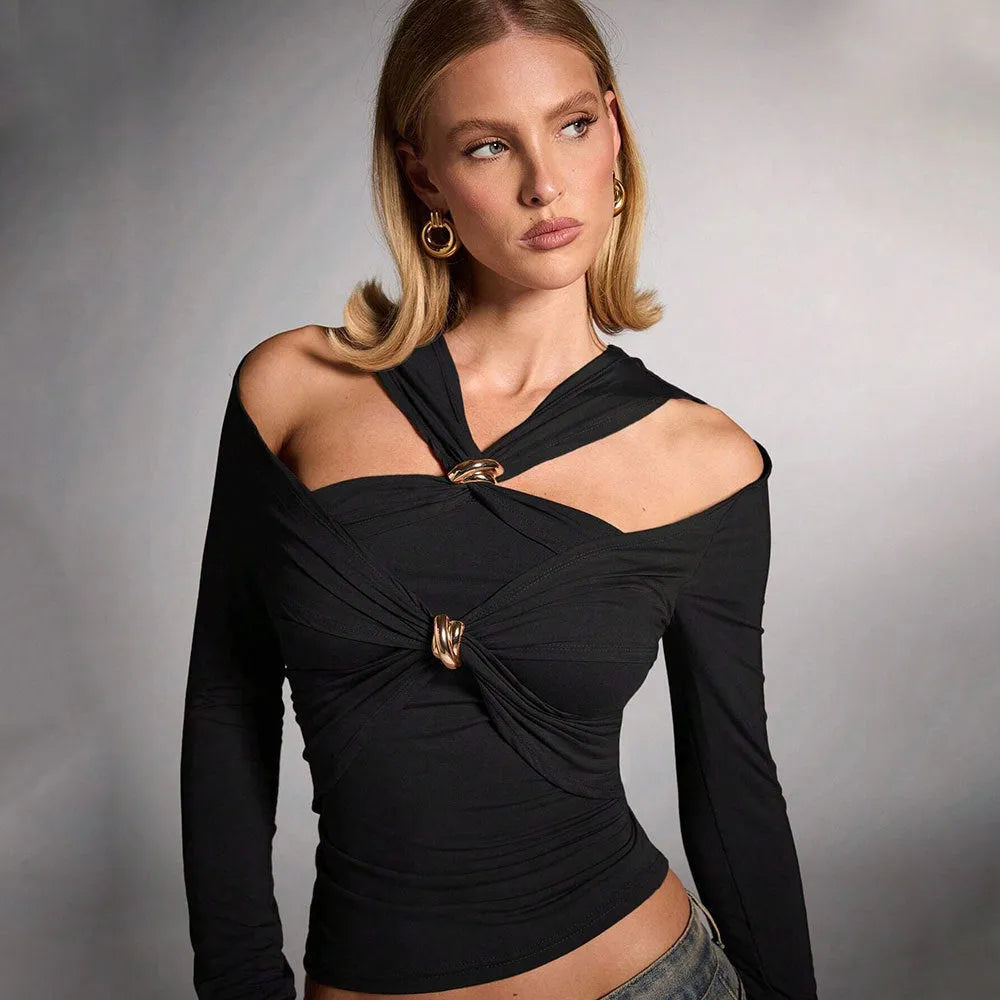 Black women's slim fit halter top with long sleeves and a strapless neckline.