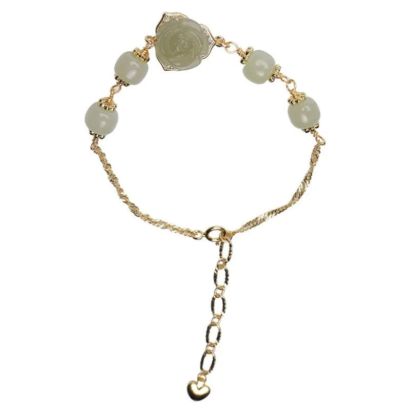 Hetian jade rose 14K gilded women's bracelet with handmade flower motif in national style