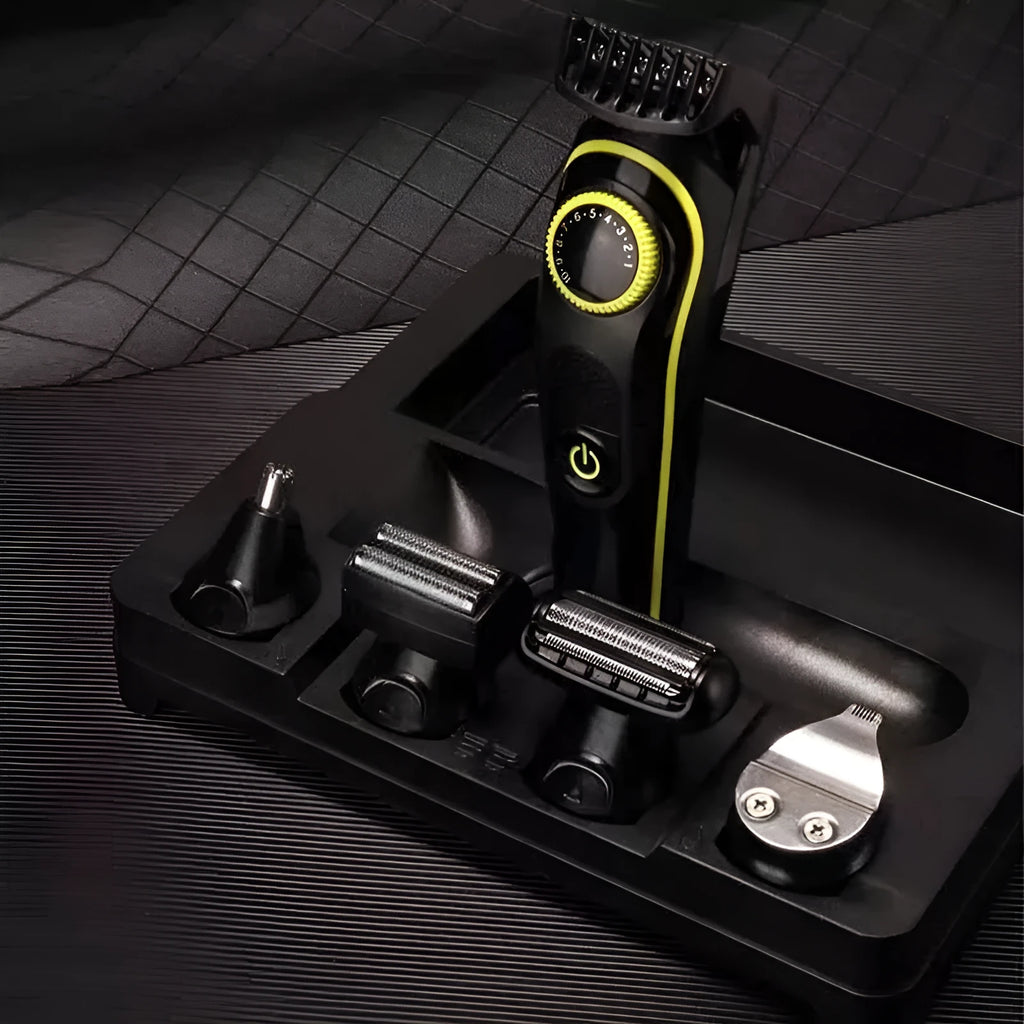 Black household rechargeable electric hair clipper set with automatic grinding head