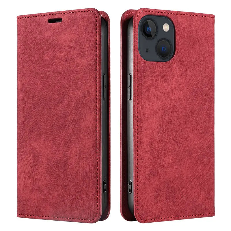 Magnetic flip phone case for iPhone in solid colour options showing TPU and leather construction