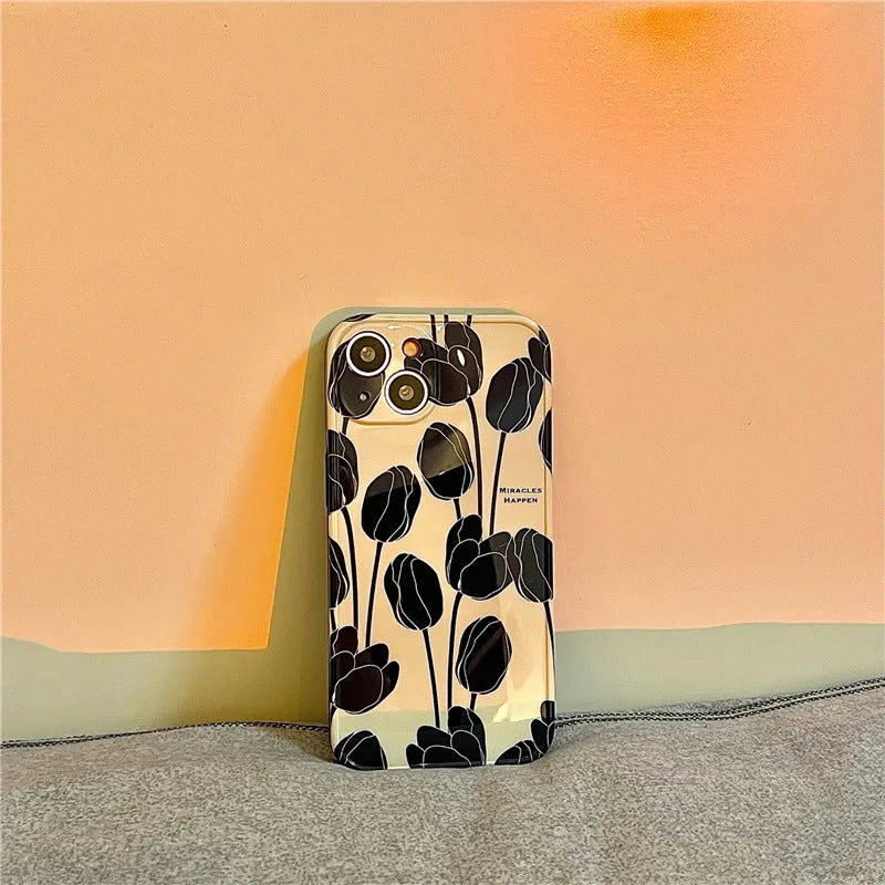 Black tulip silicone phone case back cover for iPhone 13 12 11 XR XS X