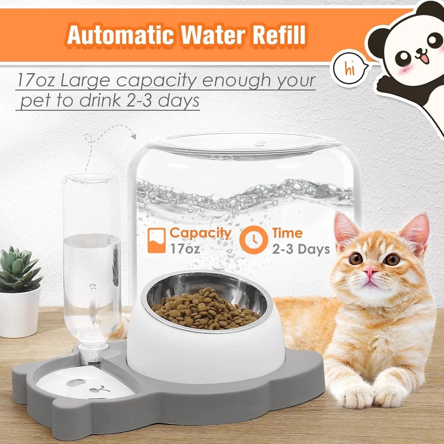 Grey and green panda-shaped elevated pet feeder with automatic water bottle and two tilted stainless steel bowls.