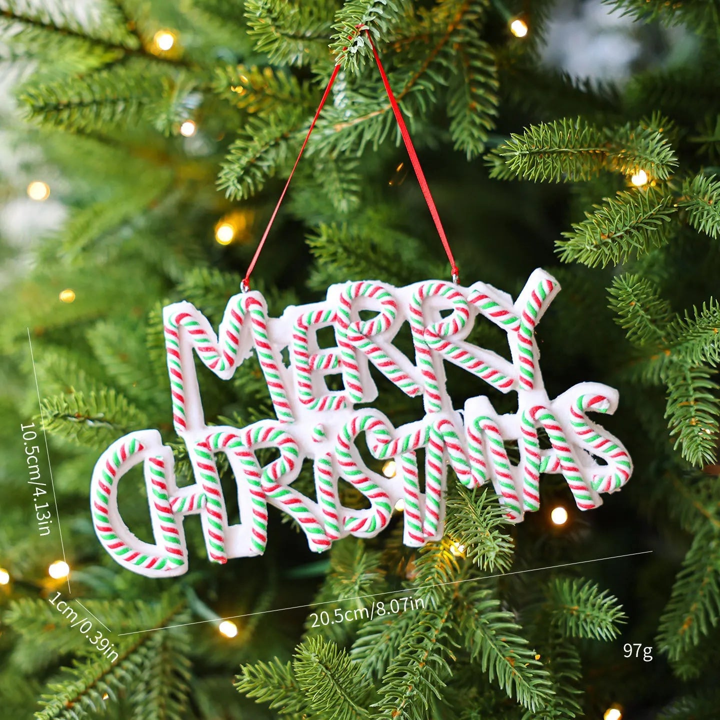 Polymer clay Christmas tree ornament with Merry Christmas letter plate, red and white colour, 8cm height