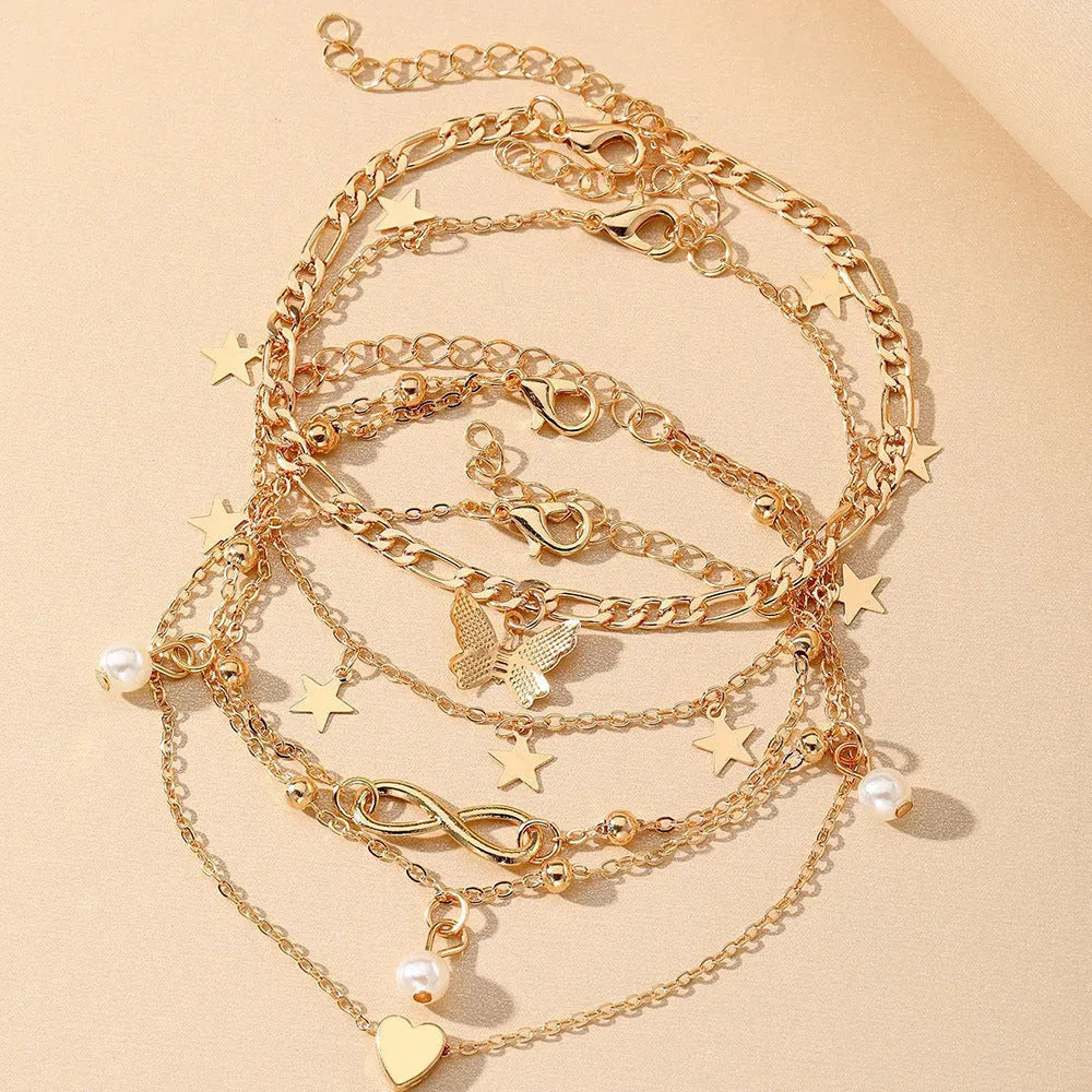 Butterfly Pearl Heart Anklet 4-piece set multi-layer women's alloy anklet Butterfly Love design