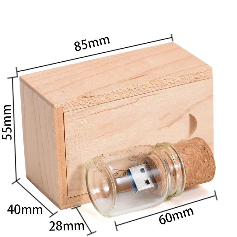 Chocolate brown wooden USB flash drive with custom lettering showing dimensions of 8.5cm by 5.6cm