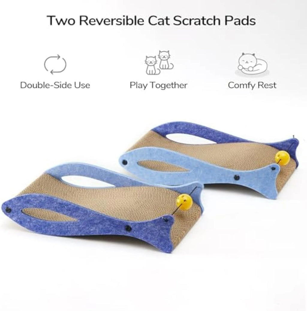 Blue fish-shaped cardboard cat scratcher lounge with bell ball toys for indoor cats