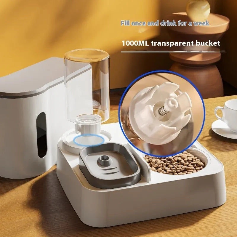 Cat automatic pet feeder water dispenser with integrated double bowl design in grey colour