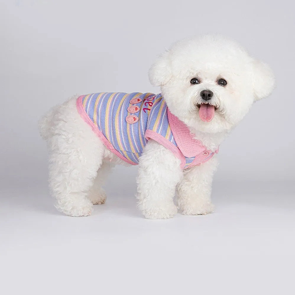 Pink purple sleeveless autumn vest for a small dog on a weight-based size chart.