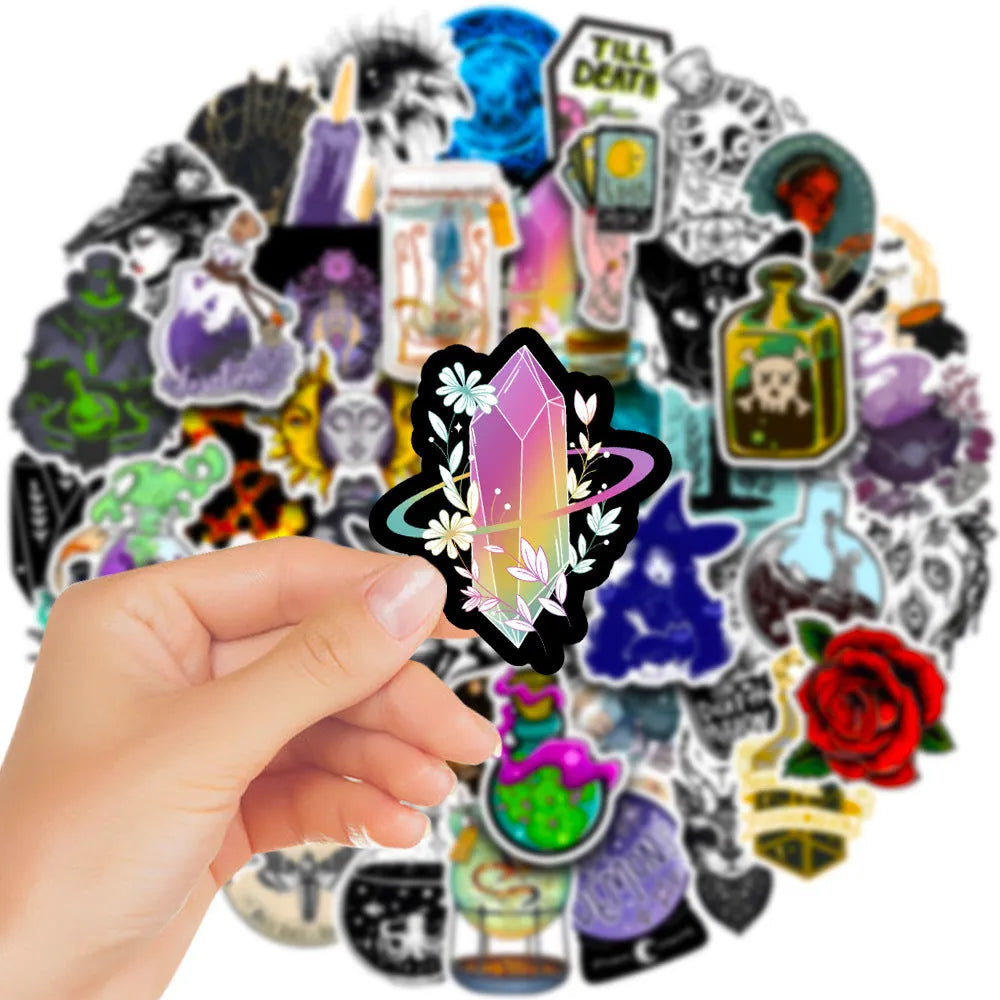 Pack of 50 colourful waterproof PVC stickers for laptops and skateboards, ranging from 3cm to 8cm in size.