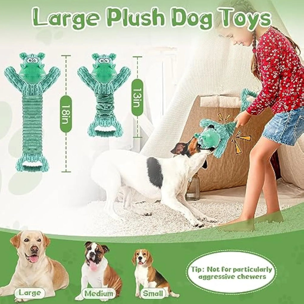 Large plush Hippo or Monkey dog toy with a handle, for squeaky and tug-of-war play.