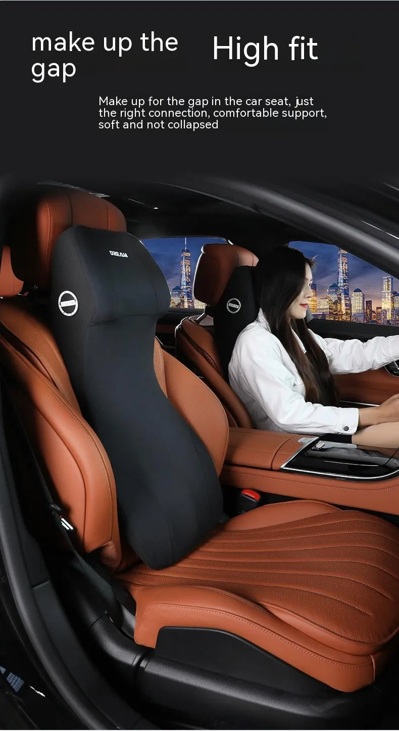 Black automotive memory foam lumbar cushion and headrest pillow set for car seats