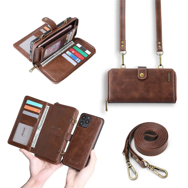 Leather-style flip phone case with detachable magnetic wallet backpack in black, blue, brown, or red