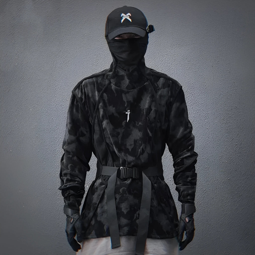 Men's black tie dye finger turtleneck sweater with drop-shoulder sleeves