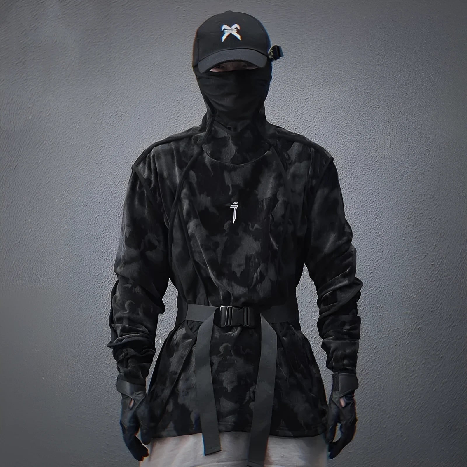Men's black tie dye finger turtleneck sweater with drop-shoulder sleeves