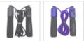 Adjustable fitness skipping rope with foam handles and blue PVC cord on a grey background