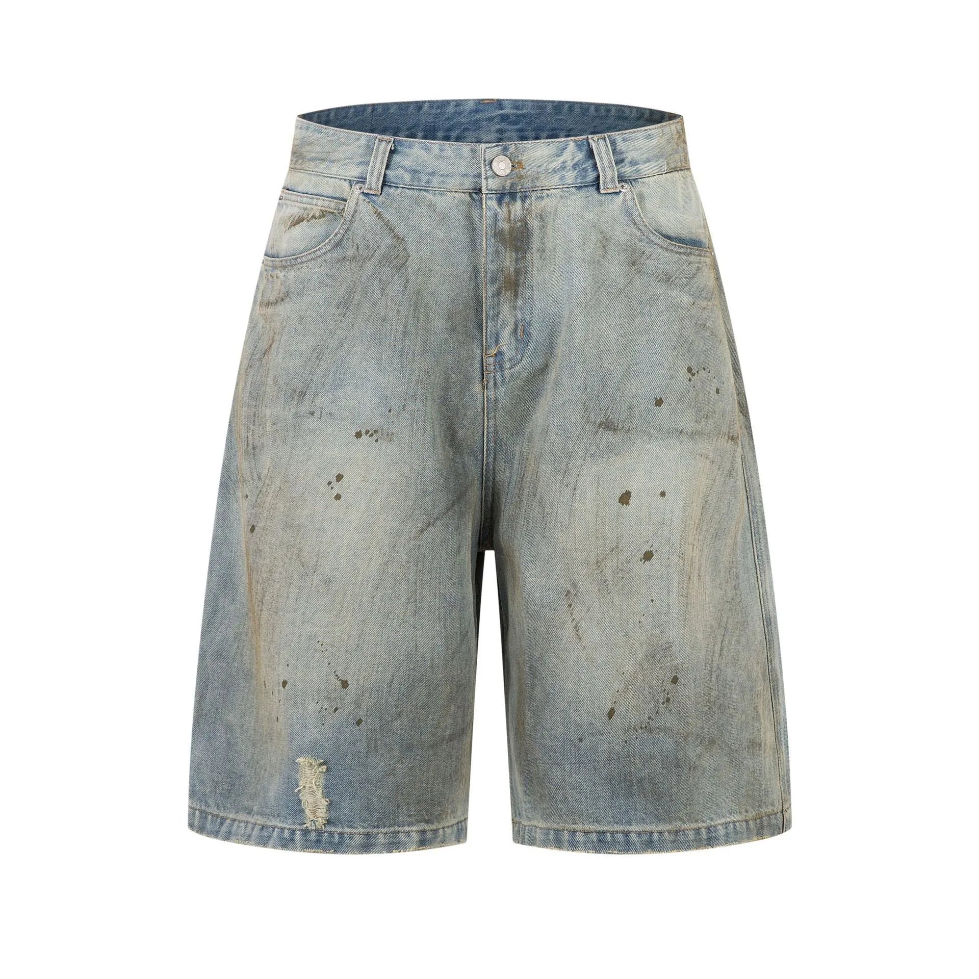 Men's washed blue cropped denim jeans with straight leg and zipper fly