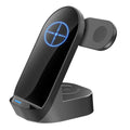 Black grey foldable 3-in-1 wireless charging vertical stand showing phone, watch and headphones charging simultaneously