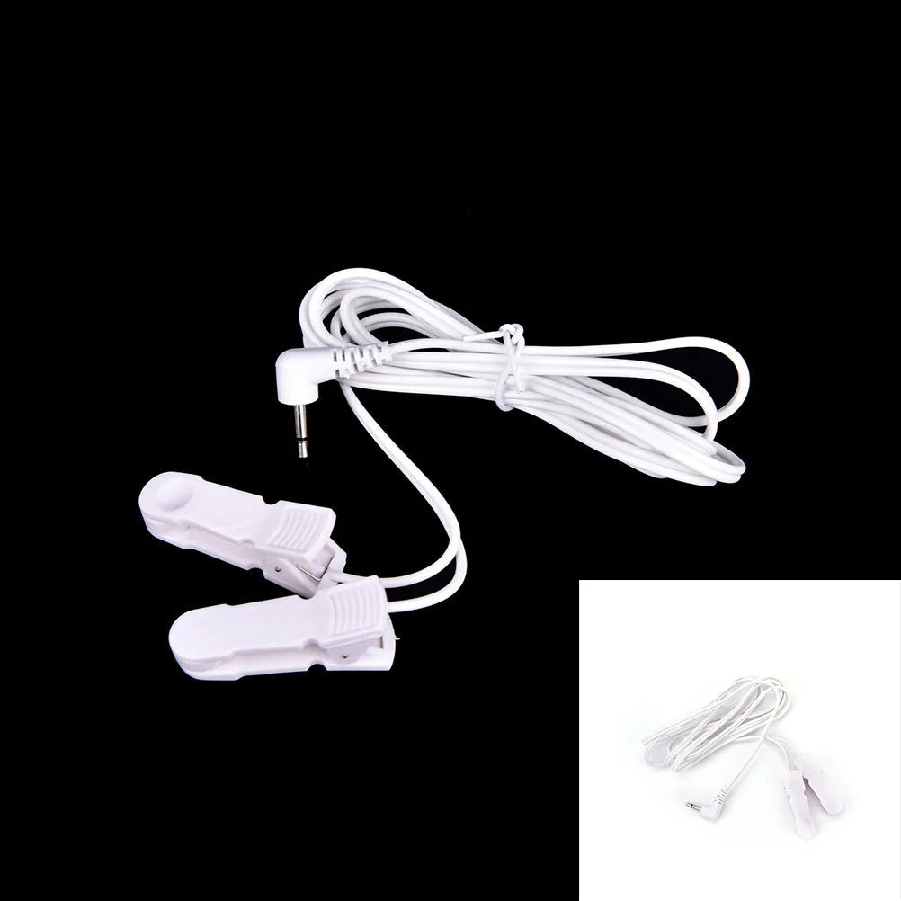 White massage ear clip with 3.5mm electrode wire for TENS machine, two clips included, handheld control