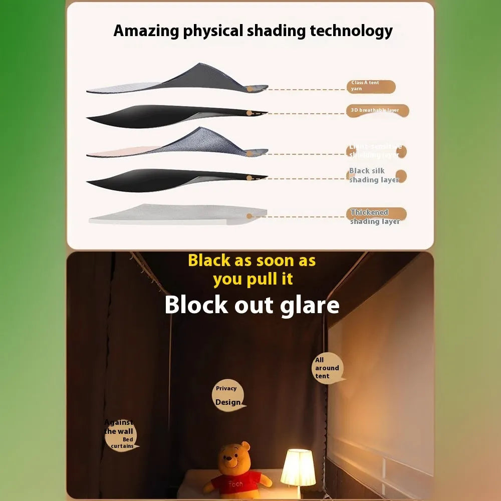 Gentleman grey bed curtain with integrated mosquito net for upper bunk bed with strong light blocking