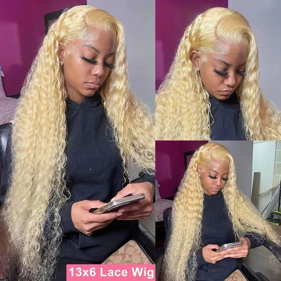 Long curly front lace full head wig with side bangs in light gold, 20 inch length