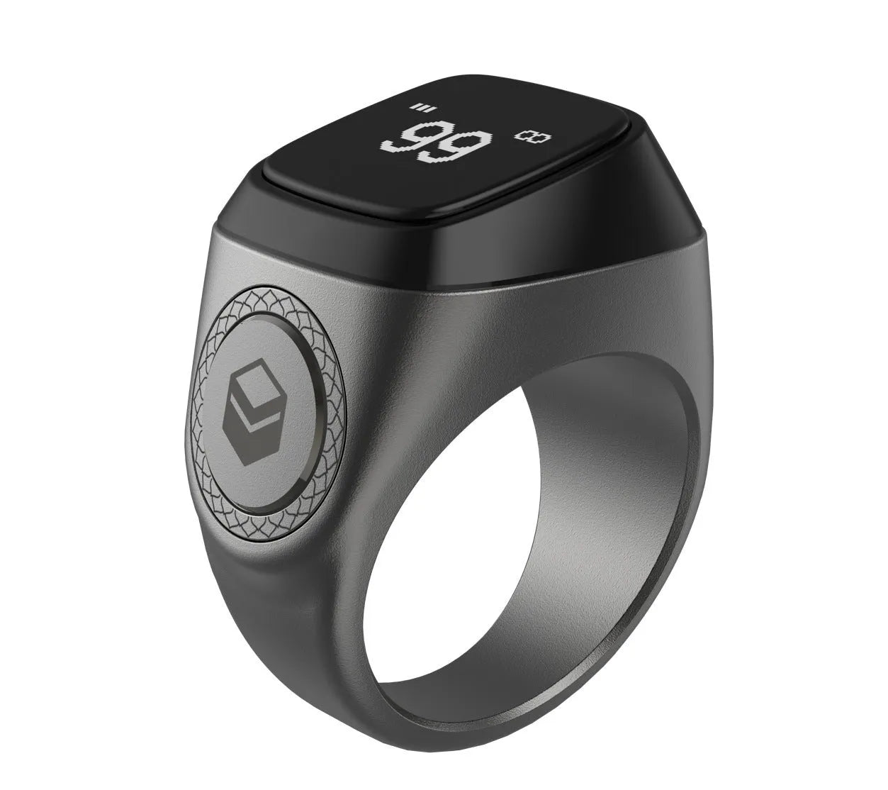Zikr1 silver metal smart ring for Tasbih counting on a finger, showing its OLED display and single button.