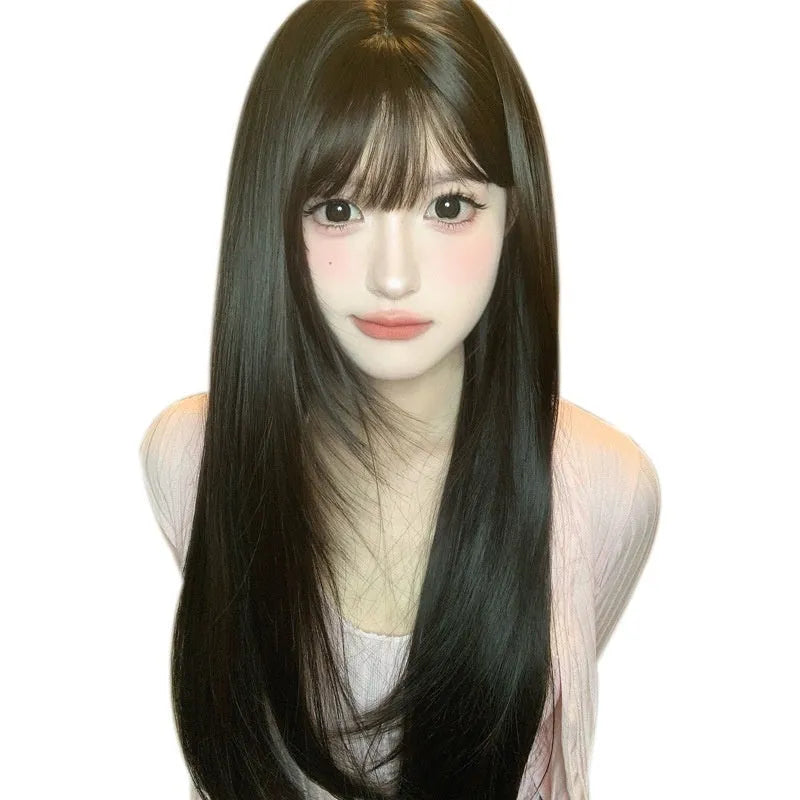 Dark brown long straight hair wig with bangs on a wig stand, full-head design, high temperature fibre