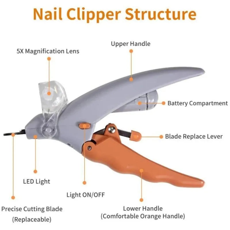 Yellow pet nail clipper with built-in LED light and magnifying feature for dogs and cats.