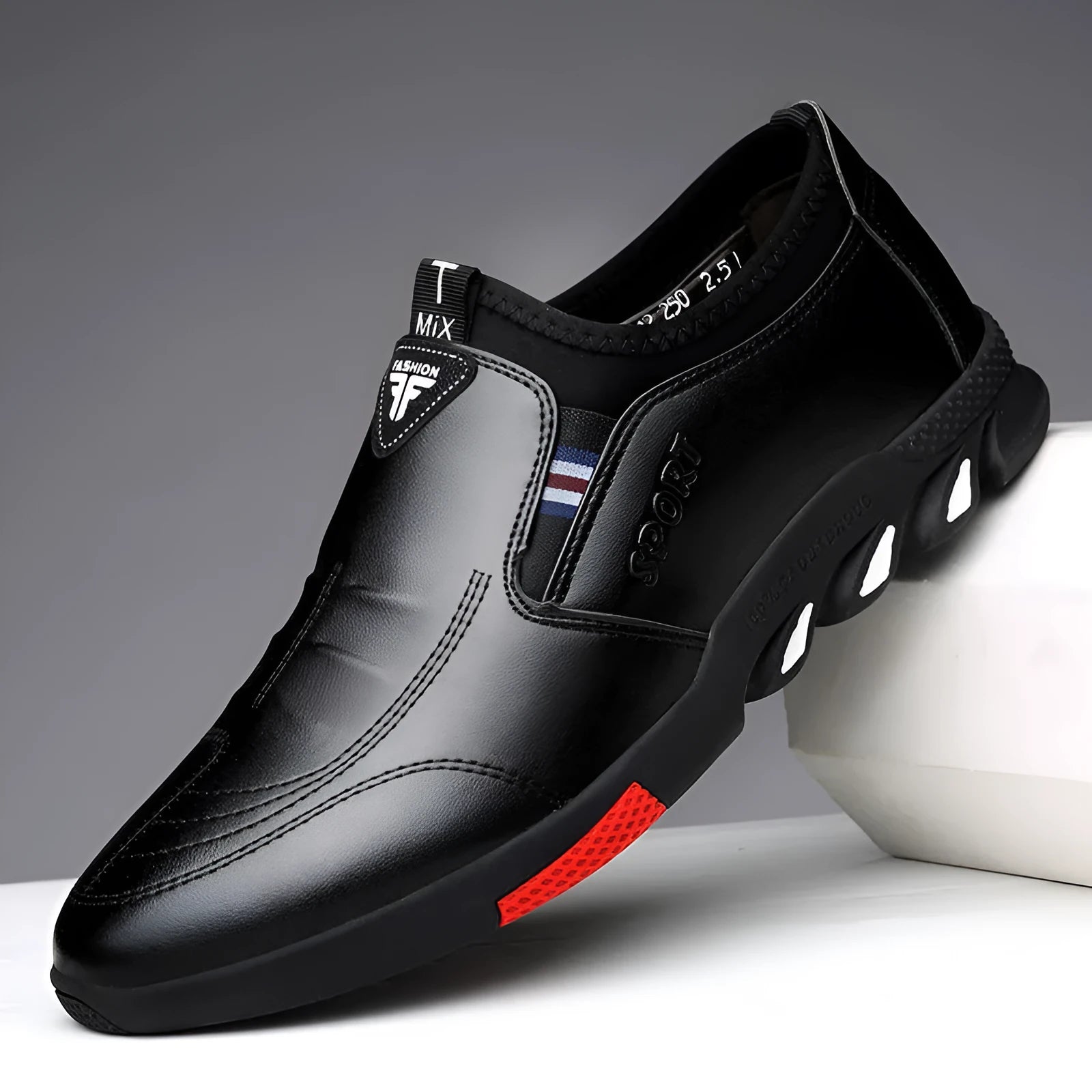 Men's black and brown PU leather casual shoes with flat heel and lace or slip-on styling