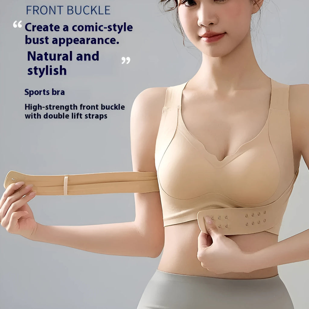Women's front buckle back shaping bra in black on a mannequin, showing fixed double straps and 3/4 cup design.