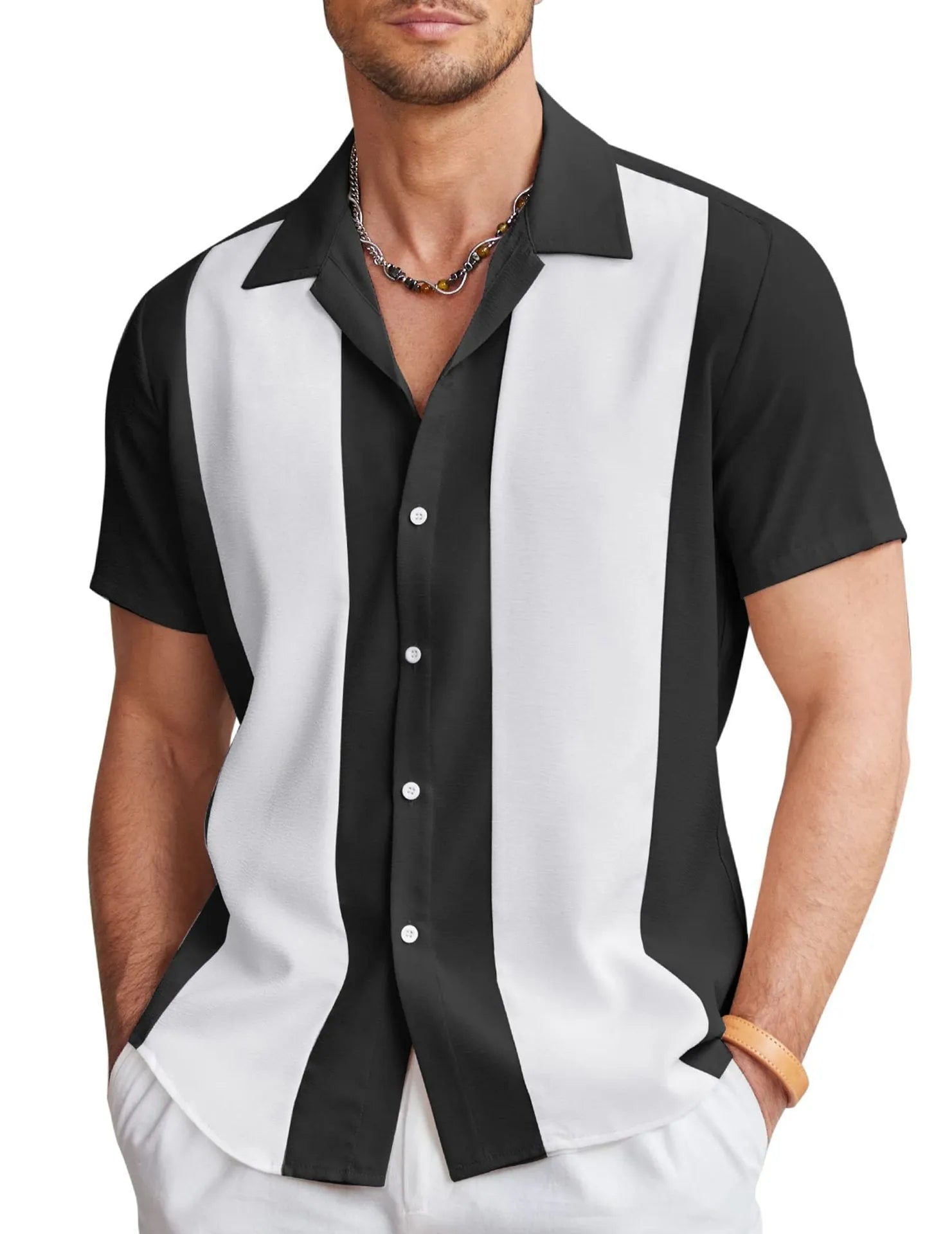 Men's slim fit short sleeve digital print shirt in polyester, front view, available in multiple colours