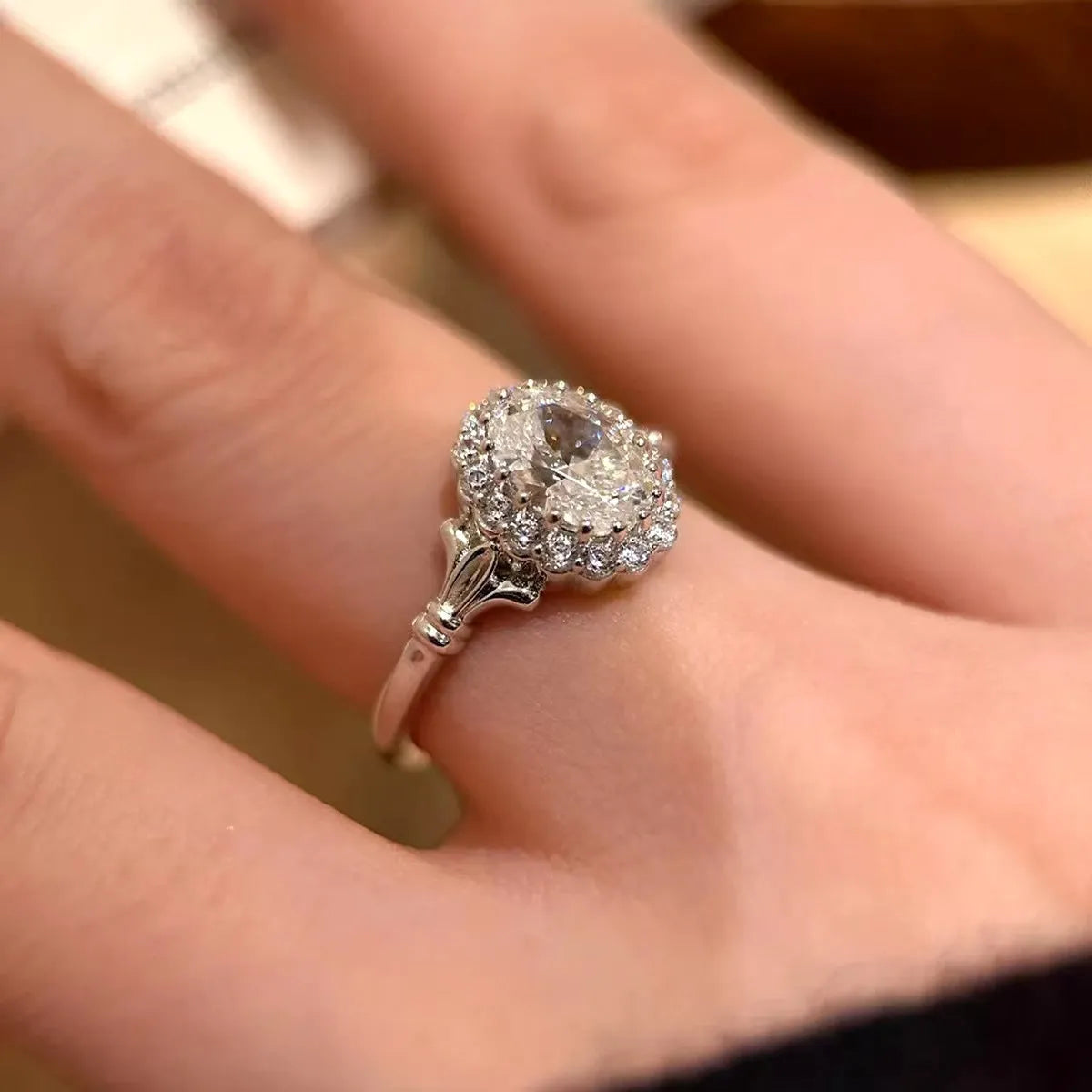 Silver adjustable geometric ring with diamond treatment and bridal bouquet design elements