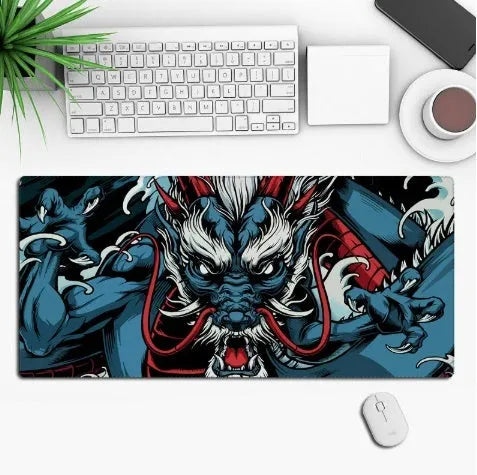 Large anime-themed gaming desk mouse pad with non-slip rubber cloth base on a wooden desk.